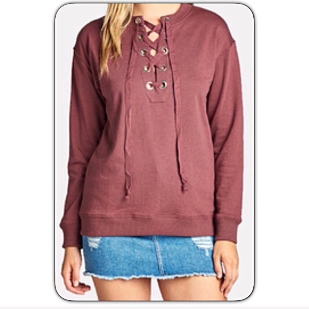 Date Night Marsala Soft Lace Up Top S - Picture 5 of 6